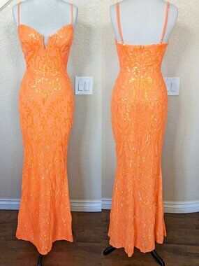 Neon Orange Sequin Formal Prom Evening Dress 0